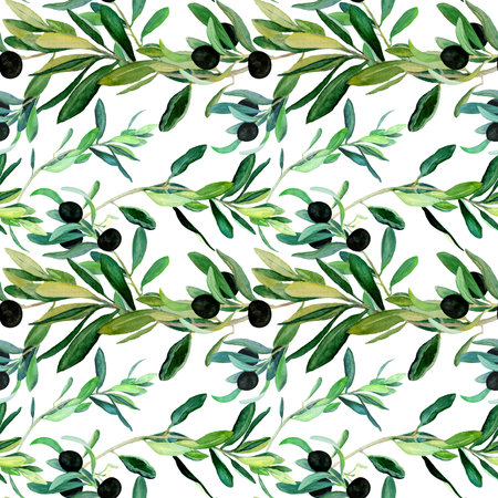 Watercolor olive branches seamless pattern on white background. Hand drawn watercolor illustration. Design for covers, packaging, textiles and wallpapers. Draw of black olives on olive tree twig.の写真素材