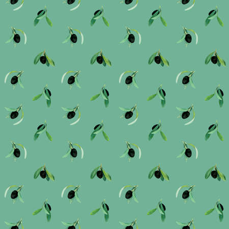 Watercolor olives with leaves seamless pattern on blue background. Hand drawn watercolor illustration. Design for covers, packaging, textiles and wallpapers. Draw of small black olives.の写真素材