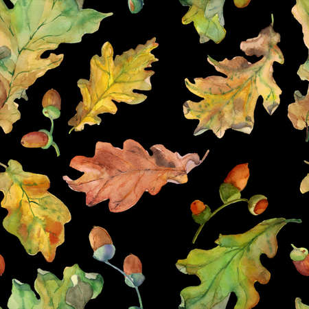 Seamless pattern with autumn leaves and acorns. Watercolor illustration.の写真素材