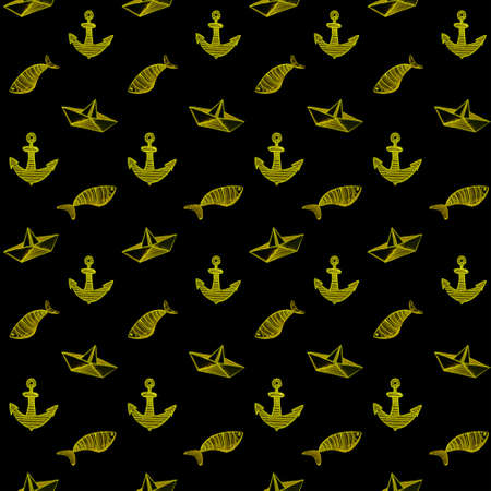 Watercolor seamless pattern with fish anchor and paper boat on white. Hand drawn sketch of Fish and Chips. Design for covers, packaging, textile, decoration, backgrounds. Nauticalの写真素材