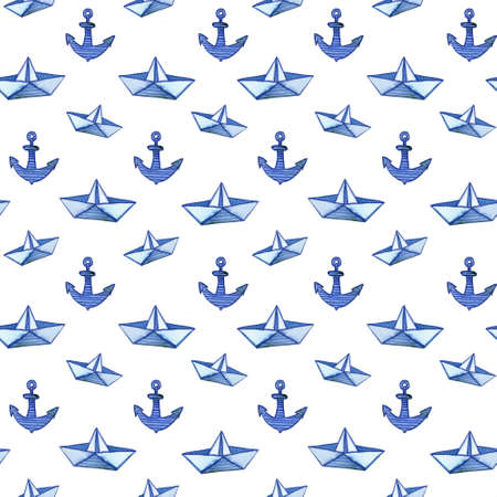 Watercolor seamless pattern with fish anchor and paper boat on white. Hand drawn sketch of Fish and Chips. Design for covers, packaging, textile, decoration, backgrounds. Nauticalの写真素材