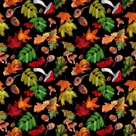 Watercolor hand drawn seamless pattern with autumn red rowan, yellow maple foliage, oak leaves, acorns on black background. Design for textile, packaging, season decor, background.の写真素材