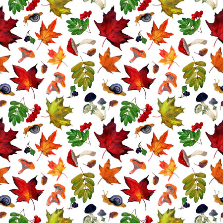 Watercolor hand drawn seamless pattern with autumn green and yellow maple leaves, snails, acorns on white background. Design for textile, packaging, season decor. fabric templateの写真素材