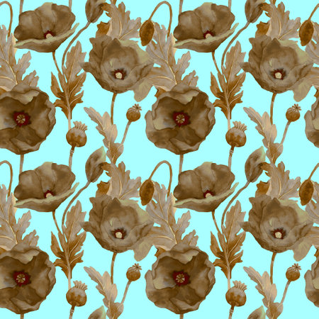Watercolor poppies in vintage seamless pattern. Botany illustration of field flowers in golden color. Design for background, packaging, cover, decor, textile elements. Retro tapestの写真素材