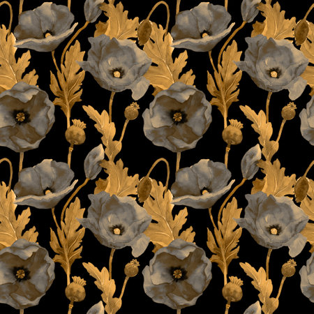 Watercolor poppies in vintage seamless pattern. Botany illustration of field flowers in golden color. Design for background, packaging, cover, decor, textile elements. Retro tapestの写真素材