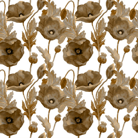 Watercolor poppies in vintage seamless pattern. Botany illustration of field flowers in golden color. Design for background, packaging, cover, decor, textile elements. Retro tapestの写真素材