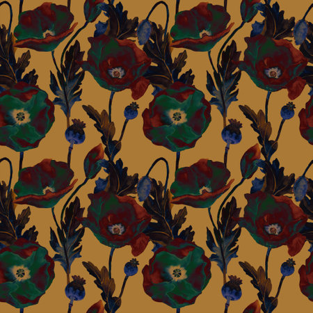 Watercolor poppies in vintage seamless pattern. Botany illustration of field flowers in golden color. Design for background, packaging, cover, decor, textile elements. Retro tapestの写真素材