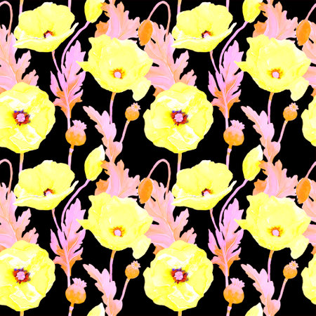 Neon color poppies in vintage seamless pattern. Illustration of poppy field in yellow and pink color. Design for background, packaging, cover, decor, textile. Flowers in retro styleの写真素材