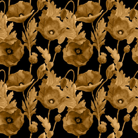 Watercolor poppies in vintage seamless pattern. Botany illustration of field flowers in golden color. Design for background, packaging, cover, decor, textile elements. Retro tapestの写真素材
