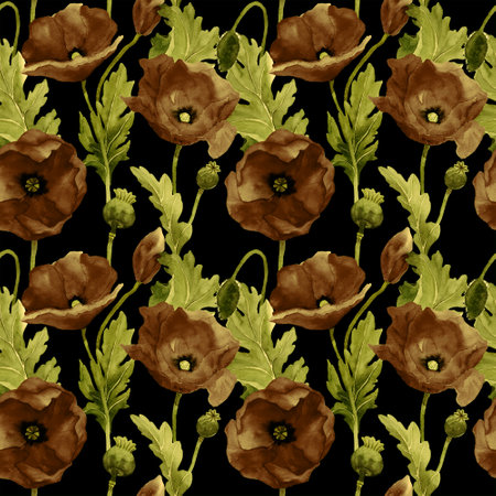 Watercolor poppies in vintage seamless pattern. Botany illustration of field flowers in golden color. Design for background, packaging, cover, decor, textile elements. Retro tapestの写真素材