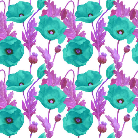 Neon color poppies in vintage seamless pattern. Illustration of poppy field in bright blue and pink color. Design for background, packaging, cover, decor, textile. Flowers in Retroの写真素材