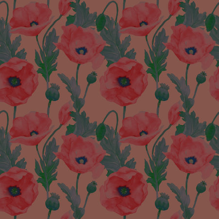 Art Nouveau stylized poppies in vintage seamless pattern. Art Deco illustration of field flowers in dusty colors. Design for background, packaging, cover, decor, textile. retro tapの写真素材