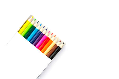 color pencils in a box on white backgroundの写真素材