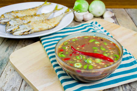 Fried mackerel with shrimp paste sauce, Thai foodの写真素材