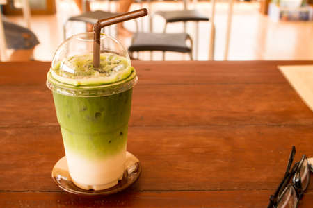 iced green tea with milk, smoothie, selective focusedの写真素材