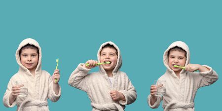 collage brushing your teeth. the child brushes his teeth on a blue background. triptych with three variants of the poseの写真素材