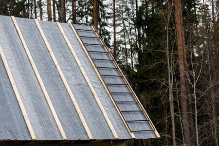 wooden staircase on the roof backgroundの写真素材