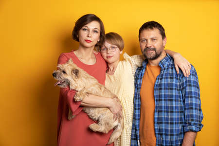 Happy parents with little daughter and dog on yellow background. Family with cairn terrier smiling and looking at camera.の写真素材
