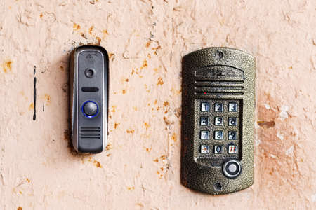 old doorbell button panel and intercom.の写真素材