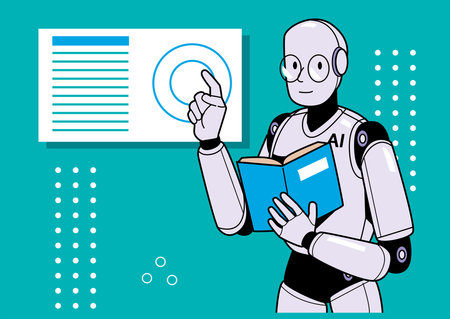 An AI robot holding a book and pointing thoughtfully, demonstrating a focus on learning and knowledge in a vibrant environment.のイラスト素材