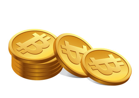 3D illustration of a stack of golden Bitcoin coins featuring the Bitcoin symbol, representing investment and cryptocurrency wealth.のイラスト素材
