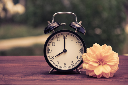 A classic black alarm clock in the garden on the table. A clock on a green natural background. Clock and yellow aster flower on a wooden table. Vintage tintingの写真素材