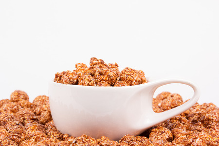 Chocolate caramel popcorn and coffee cup. Coffee and popcornの写真素材