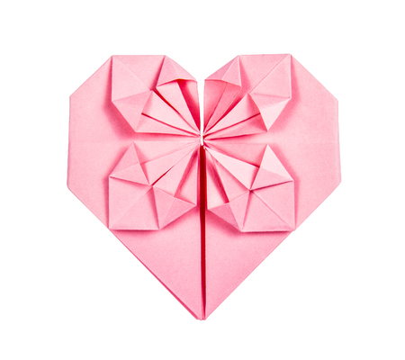 Paper pink heart. Heart of origami on white background. Isolated on white.の写真素材