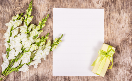 Romantic set. Copy space. Gift  box with green bow. Love letter and flowers. Clean paper backgroundの写真素材
