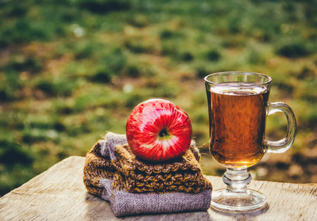 Cup of hot tea, wool socks, an apple. Autumn concept. Tea in the garden.
