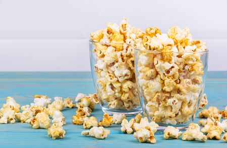 Two cups of popcorn. Homemade popcorn. Traditional movie foodの写真素材