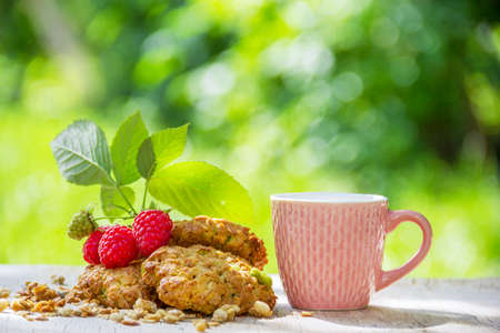 Tea and homemade oatmeal cookiesの写真素材