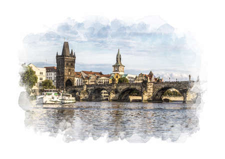 Digital watercolor, view of Prague and Charles Bridgeの写真素材