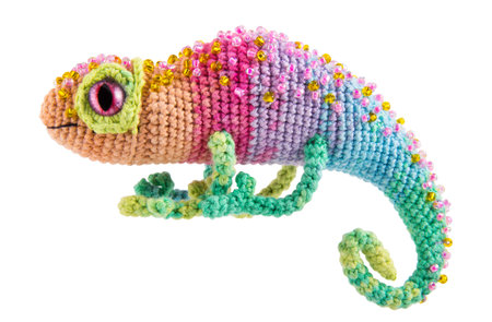 Beautiful rainbow chameleon, knitted toyの写真素材