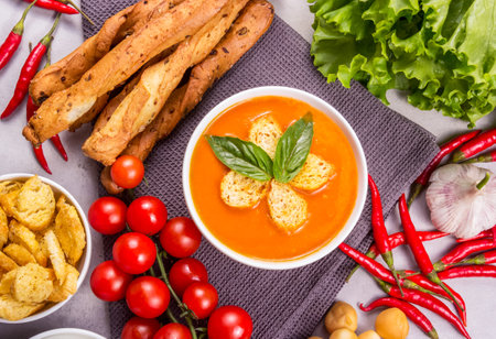 Delicious appetizing tomato puree soupの写真素材