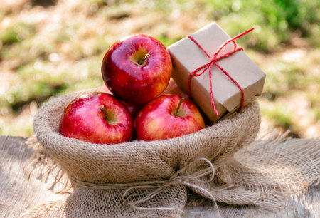 Delicious juicy red apples in autumn garden. Red apples and gift boxの写真素材