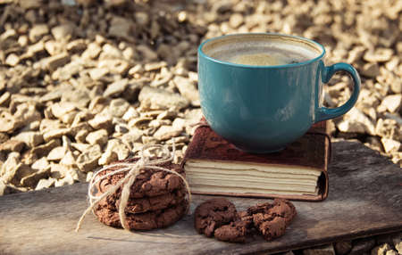 Cup of coffee and Chocolate Chip Cookiesの写真素材