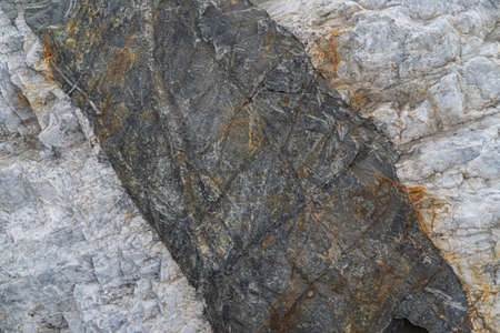 Gold ore texture close-up. Contains quartz, mica, feldspar, chlorite, garnet, carbonate, sulfides and gold. Siberian natural resources deposit. Mineral stone surface abstract background.の写真素材