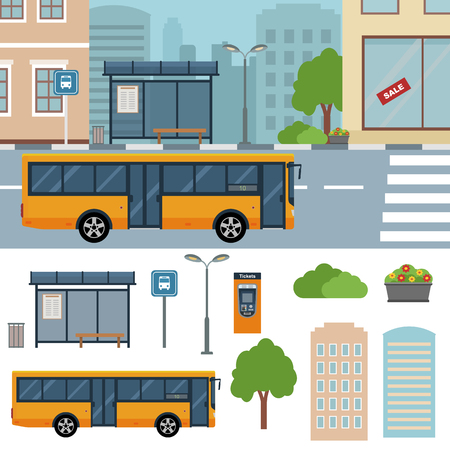 Bus on the street in the town flat illustrations.のイラスト素材