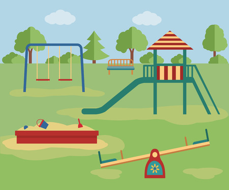Children's playground with swings, a slide, a sandpit. Vector illustrationのイラスト素材
