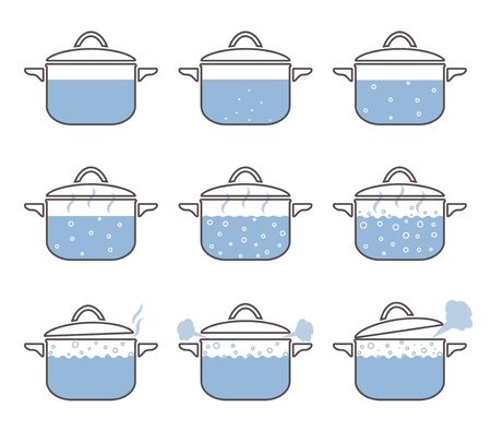 Set of boiling saucepan. Vector illustration isolated on white background.のイラスト素材
