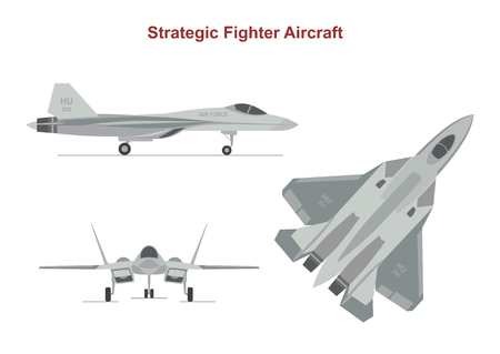 War plane on white background. Strategic Fighter in top, side, front view. Flat style. Vector illustration.のイラスト素材