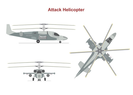 Military attack helicopter top, side, front view on white background. Flat style. Vector illustration.のイラスト素材