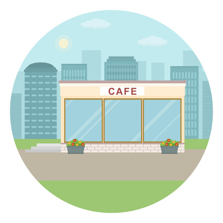 Cafe building on city background. Flat style, vector illustration.のイラスト素材