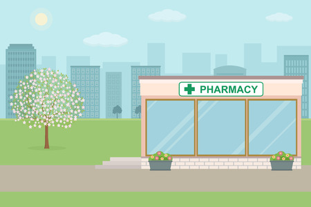 Pharmacy building on city background. Flat style, vector illustration.のイラスト素材