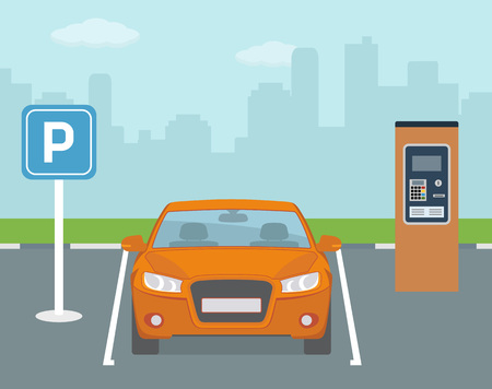 Parking place with one car and ticket machine. Flat style, vector illustration.のイラスト素材