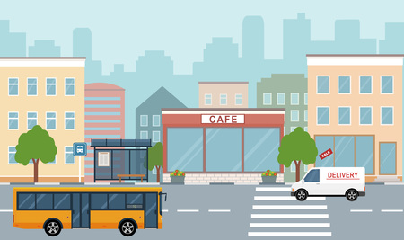 City life illustration with house facades, road and other urban details. Flat style, vector.のイラスト素材