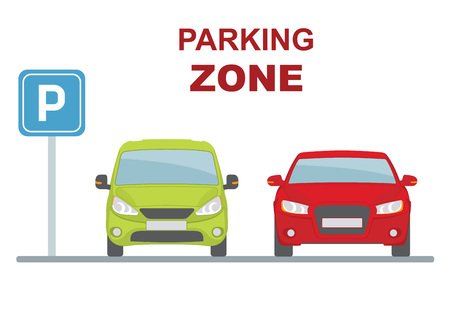 Parking zone with two cars on white background. Flat style, vector illustration.のイラスト素材