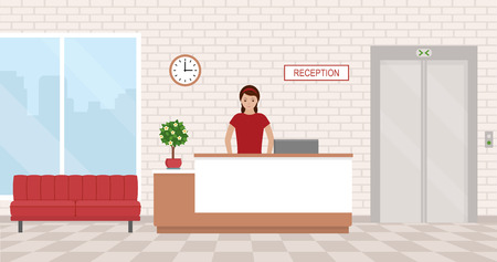 Office interior with reception and waiting area. Flat style, vector illustration.のイラスト素材