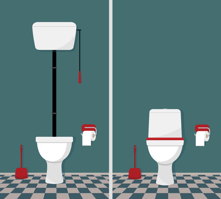 Toilet retro and modern. Toilet, toilet paper and brush. Vector illustrationのイラスト素材